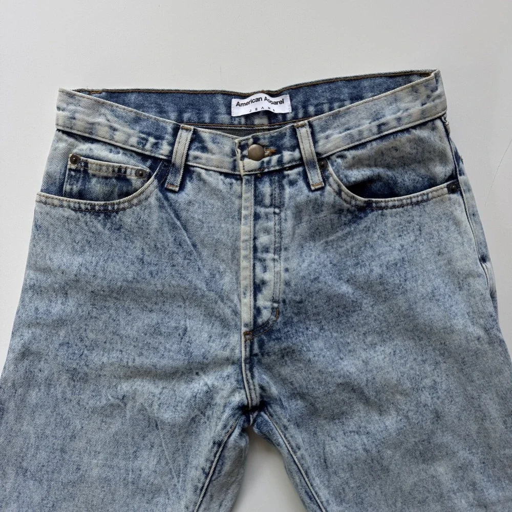 AMERICAN APPAREL Dark Indigo Acid Wash Jeans 30x25 Made in USA Straight Raw Cuff